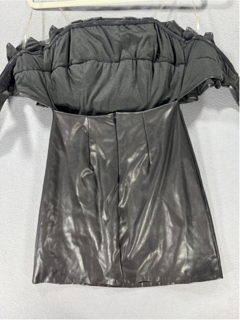 DO + BE Black Faux Leather Mini Dress Ruffle Bodice - Picture 13 of 13